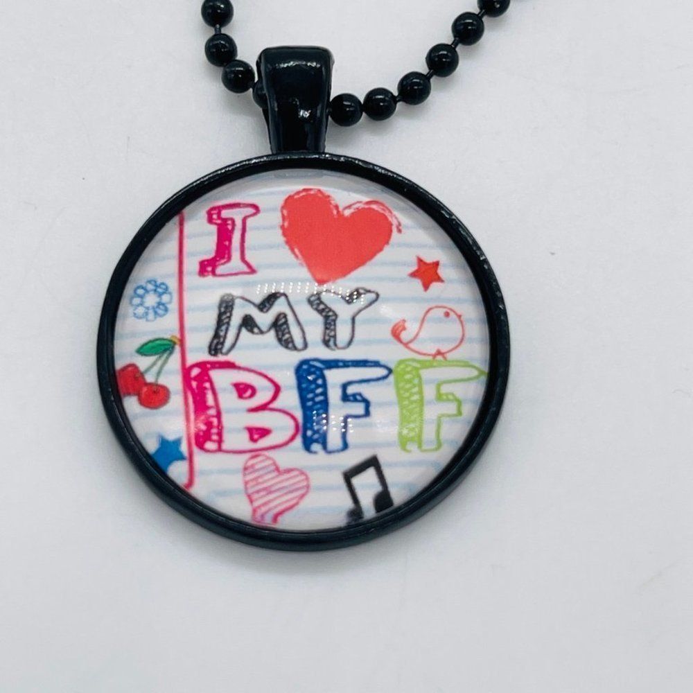 I Love My BFF Necklace with Dog Tag Motif and Chain Black 12" Chain
